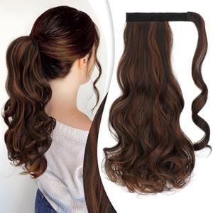 FELENDY Ponytail Extension, 18" Wrap Around Long Ponytail Hair Extensions Wavy Curly Clip in Pony Tails Hairpieces For Women (Light Auburn Mix Dark Brown)