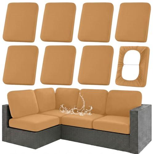 hyha Waterproof Outdoor Cushion Covers for Patio Furniture, Stretch Patio Chair Cushion Slipcovers, Coated UV Resistant Replacement Seat Covers, Solid Color (Camel, 8PC)