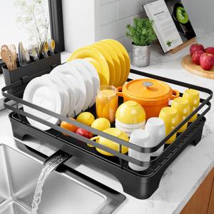 Kitsure Dish Drying Rack - Multi-Functional Dish Rack for Kitchen Counter with Cutlery Holder, Rust-Proof Storage Solution with Rotatable, 15.7" x 12.0" x 5.5", Black