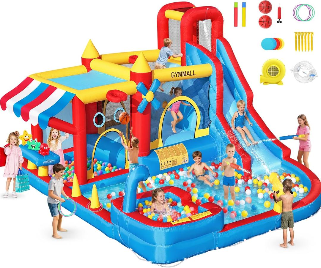 Inflatable Bounce House Water Slide with 550 W Blower, Blow up 10-in-1 Waterslide Park Bouncy Castle Outdoor and Indoor, Bouncer House with Toy Market Stand, Splash Pool and Climbing Wall