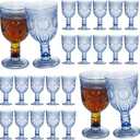 24 Pack Vintage Wine Glasses, Plastic Reusable 12 Ounce Colored Water Goblets, Unique Flower Embossed Pattern Unbreakable Stemmed Wine Glasses High Clear Wedding Party Bar Drinking Cups Blue