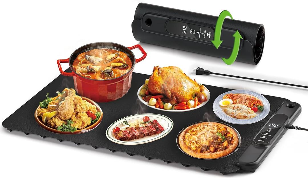 Food Warming Mat Electric Tray: YTLAD Silicone Heating Pad with 6 Level Adjustable Temperature and 5 Hours Timer & Family Lock, Foldable Food Warmers for Parties, Daily Use (Black, 25.6" x 15.55")