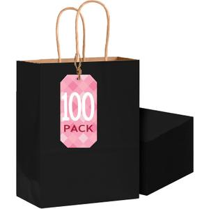 Bakepacker 100-Pack Small Size Gift Paper Bags with Handles Bulk 8.3"x6"x3.17" Black Party Kraft Shopping Bags