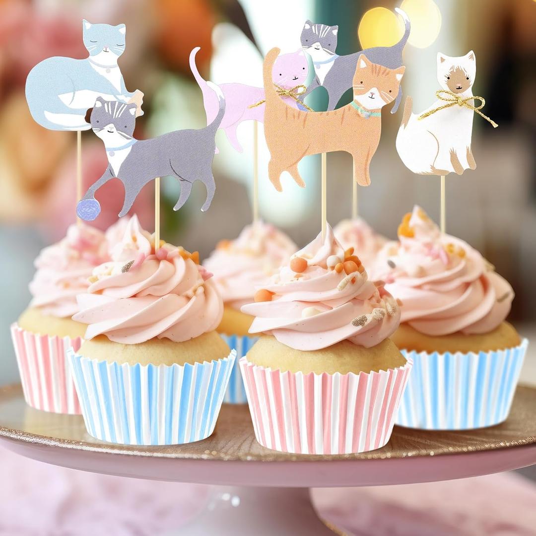 Vesici 48 Pcs Cute Kitten Cupcake Kit Include 24 Cat Cupcake Toppers and 24 Blue Pink Cake Liners Kitten Pet Themed Party Supplies for Birthday Pet Adoption Party Decorations