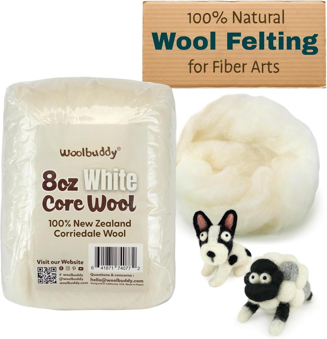 Woolbuddy Wool Felting Core Wool  Handmade Carded White for Needle & Wet Felting, Dryer Balls, Craft Pads & Chunky Yarn (8oz)