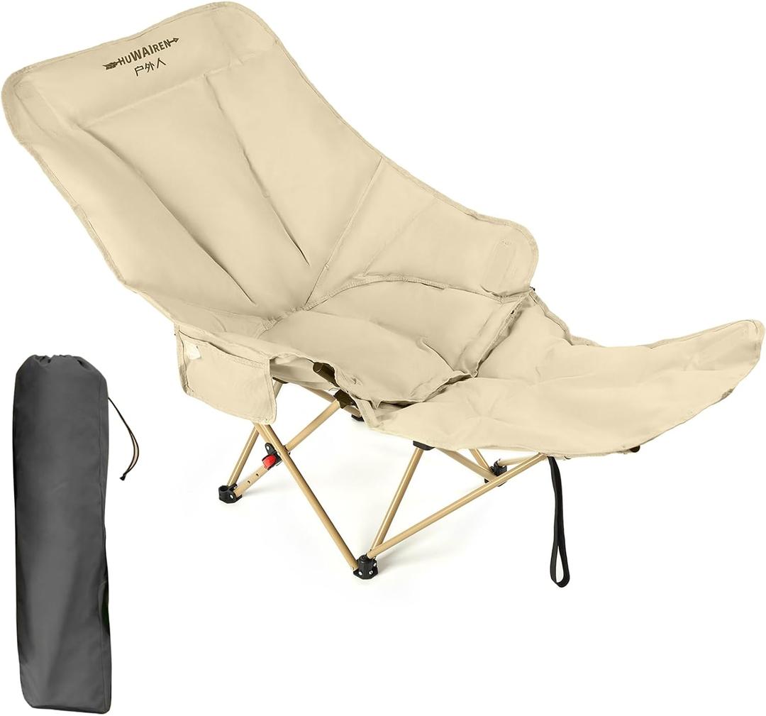 Foldable Camping Recliner: Features 4-level angle adjustment, a right-side storage pocket, and an included carrying bag—ideal for outdoor activities, midday naps, hospital care and patio relaxation