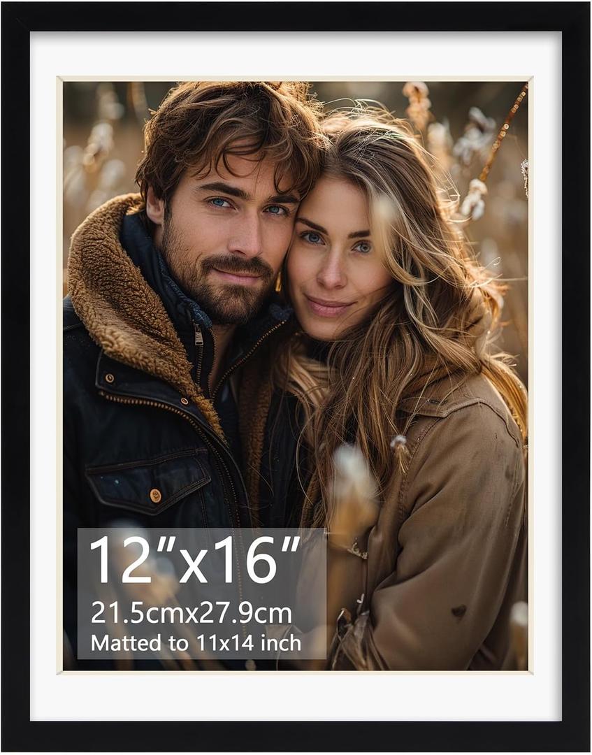 Rempry 12x16 Picture Frame, Display Pictures 11x14 with Mat or 12x16 Without Mat, Wall Hanging or Tabletop Photo Frame with Shatter Resistant Plexiglass, Black, 1 Pack