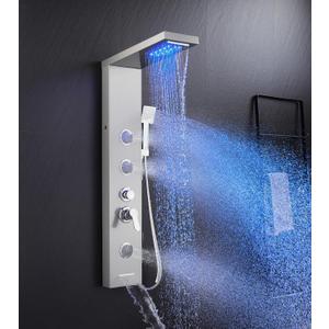 5 in 1 Shower Panel Tower System with LED Lights, Rainfall and Waterfall Shower Head, 3 Pcs Adjustable Body Jets, Handheld Shower, Tub Spout (Brushed Nickel)