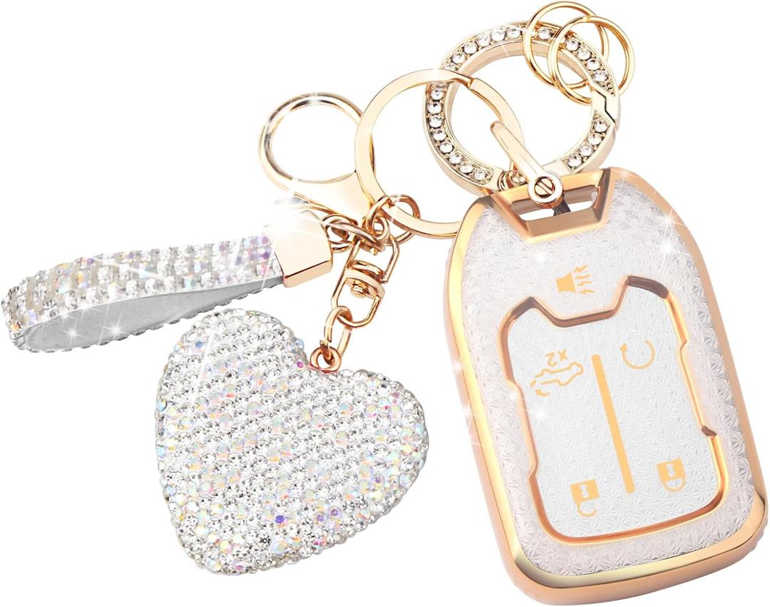 FT FUNTOR Key Fob Cover for Chevy GMC Acadia Silverado Sierra,Premium TPU Key Fob Protector with Metal Keychain&Screwdriver (5 Buttons, 5-gold White)