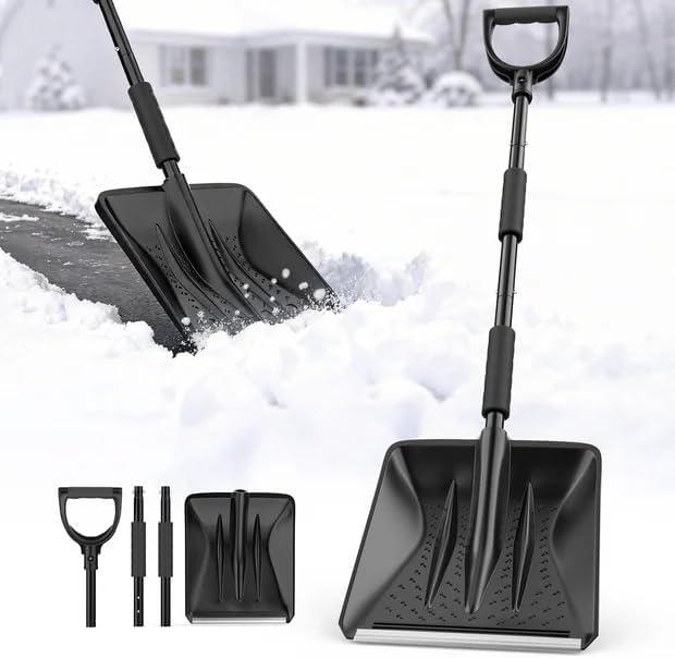 Snow Shovel, Snow Shovel for Driveway with Assist D-Handle and 11-Inch Blade, 42-Inch Adjustable Portable Survival Shovel for Driveway, Cars, Snowmobiles, Camping and Emergency (Black)