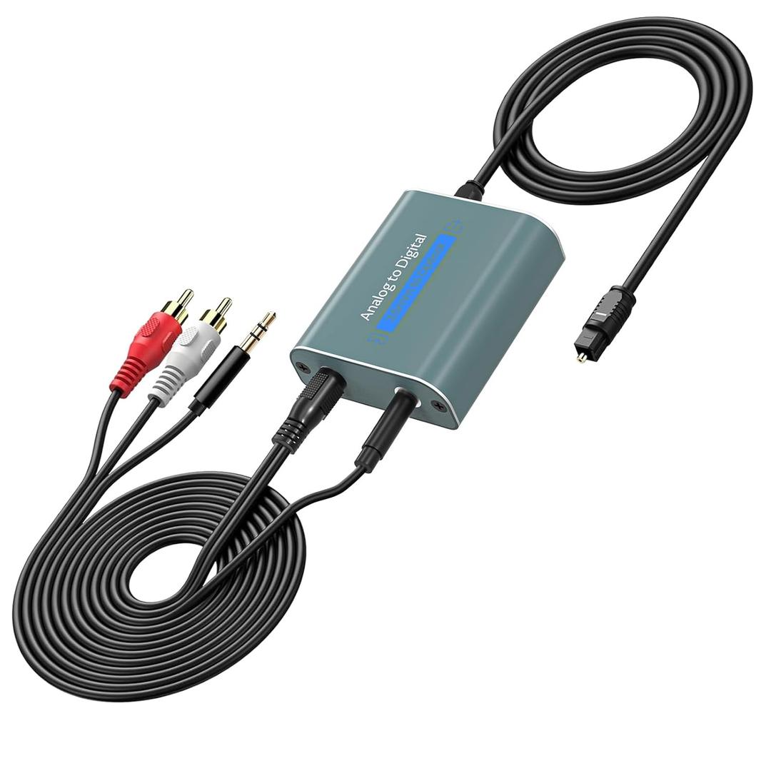 Analog to Digital Audio Converter Dual 3.5mm Jack AUX to Optical Adapter 96Khz Aluminum RCA to Optical Audio Converter with SPDIF Cable 3.5 AudioCable and 3.5 to RCA Cable