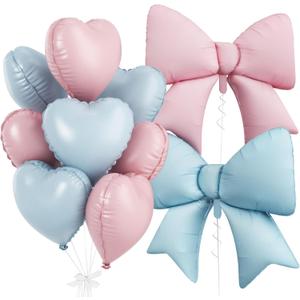 Blue Pink Heart Balloons, Foil Bow Balloons, 10Pcs 18 Inch Heart Shaped Balloon and 38 Inch Helium Pink and Blue Bow Balloon for Boys Girls Birthday Baby Shower Gender Reveal Wedding Party Decor