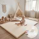 Huloo Sleep Baby Play Mat 65x50 Inches, 1.3" Thick Padded Waterproof Floor Cushion & Playpen Mat with Vegan Leather, Non-Slip & Non-Toxic Nursery Rug for Infants, Toddlers & Kids(Beige)