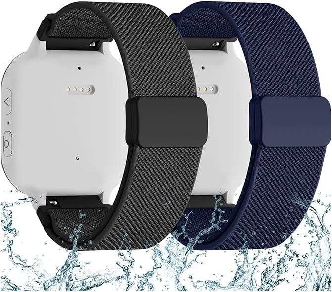 2 Pack Splash-Proof Stretchy Nylon Watch Bands Compatible with Gizmo Watch 3 2 1/Gabb Watch 3e 3 2 1/SyncUP Watch 2 1/Cosmo JrTrack 5, 20mm Soft Replacement Strap with Magnetic Buckle Kids Boys Girls (Black+Dark Blue)