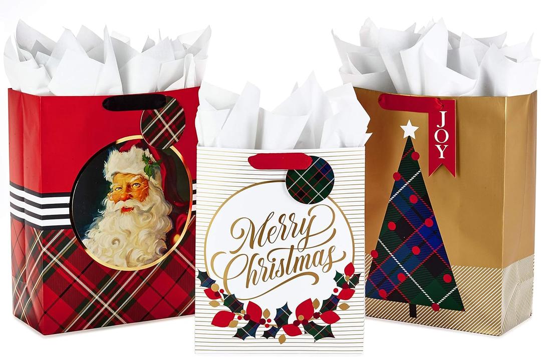 Hallmark Christmas Gift Bag Assortment with Tissue Paper (Pack of 3 Gift Bags: 1 Large 13", 2 Extra Large 15") Gold, Plaid, Santa