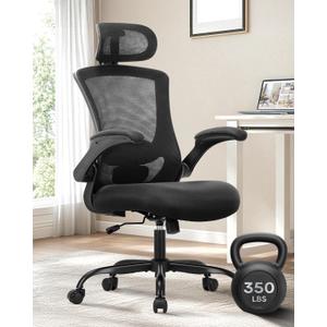 Ergonomic Mesh Office Chair with Lumbar Support 350 lbs High Back Office Chiar with Flip-up Armrests and 3D Large Headrest, Comfy Computer Desk Chair for Home and Office (Black)