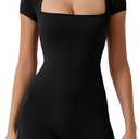 QINSEN Women's Short Sleeve Bodycon Romper Stretchy Square Neck Sexy Unitard Jumpsuit (Small, Black)
