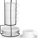 Cappuccino Cups Set of 4, 8oz Stackable Coffee Cups Set with Saucers and Metal Stand, White Coffee Mugs and Saucers for Cappuccino, Latte, Americano and Tea