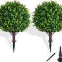 Artificial Topiary Tree with Eucalyptus, Set of 2 Artificial Shrub Bushes with Ground Spike, Fake Evergreen Tree for Porch, Artificial Plants for Outdoor Planters Indoor UV Resistant