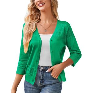 GRACE KARIN Women's 2025 Cropped Cardigan 3/4 Sleeve Lightweight Crochet Shrug Hollowed-Out Knit Sweater Tops (X-Large, Dark Green)