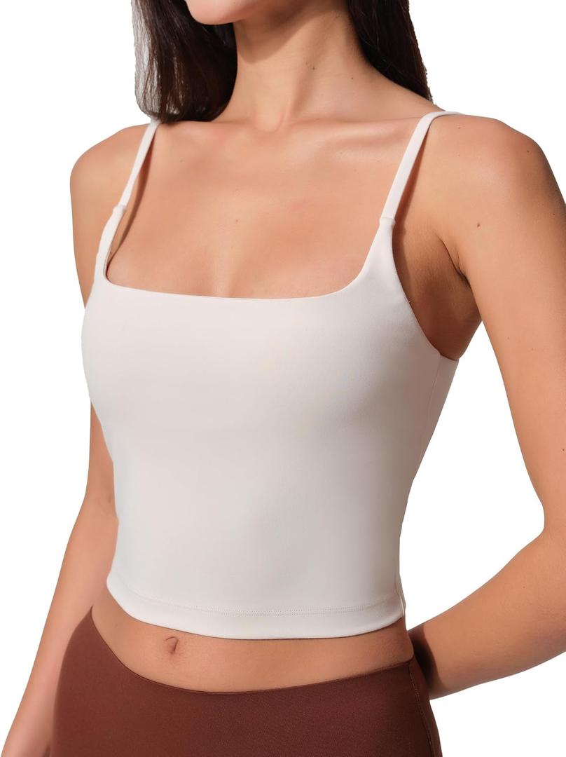 Womens Scoop Neck Longline Sports Bra U Back Adjustable Strap Double Lined Workout Crop Tank Top with Built in Pads (Black, L)