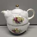 European Porcelain Tea for One, Vintage Floral Teapot and Saucer Set, Gold Trim Floral Teapot, Tea Cup with Saucer Set