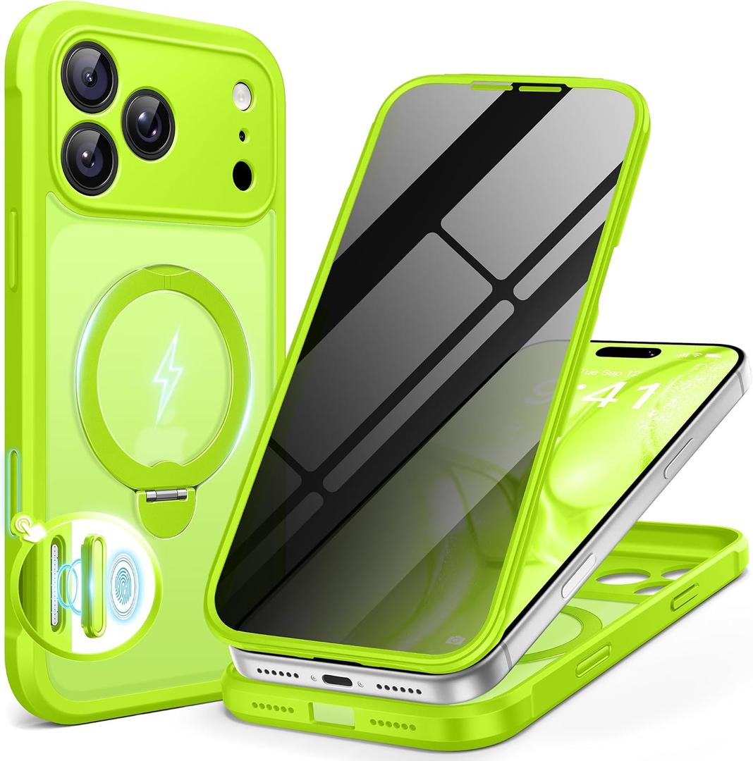 BERFY for iPhone 17 Pro Case, Compatible with MagSafe, Built in Privacy Screen Protector, Shockproof Full Body Phone Case for 17 Pro with Magnetic Stand, Translucent Bright Green