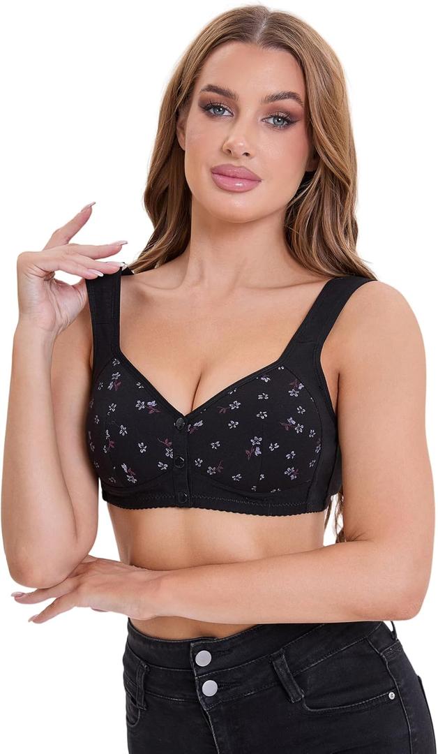 Daisy Bras for Women, Front Closure Bras Plus Size Push Up Comfortable No Underwire Seniors Full Coverage Cotton Bra, Size 4XL