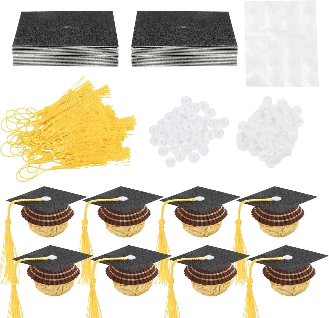 Graduation Cap Chocolate Decorations, 50pcs Black Glitter Mini Grad Cap Cupcake Toppers Graduation Hat Decor with Tassel for 2026 Graduation Party Decoration