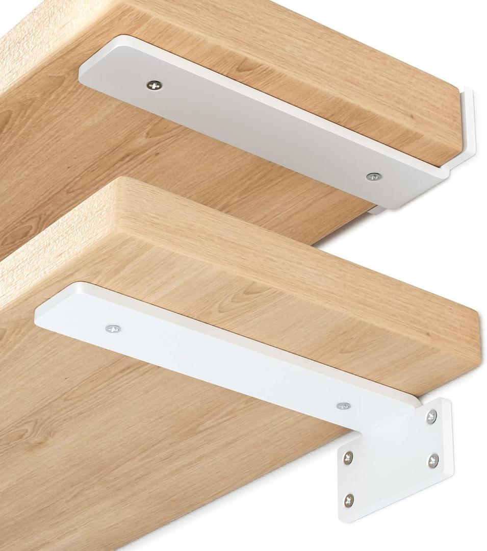 Heavy Duty Shelf Brackets 8 inch (1/5") Thick, 6 Pack Floating Hidden Shelf Brackets, Rustic Industrial Shelf Brackets with Modern Iron Finish(White)