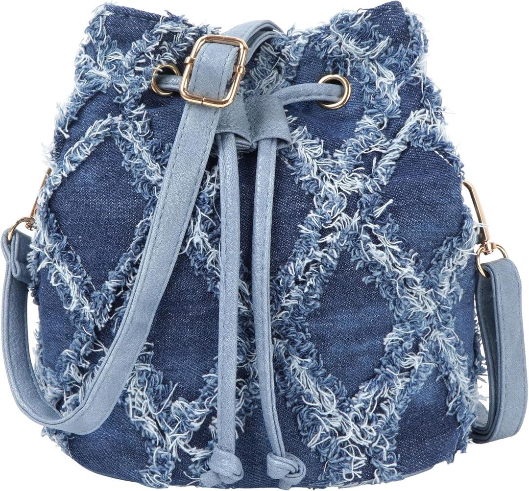 Women Denim Mini Bucket Shoulder Crossbody Bag Drawstring Quilted Distressed Tassel Barrel Shape Satchel Purse