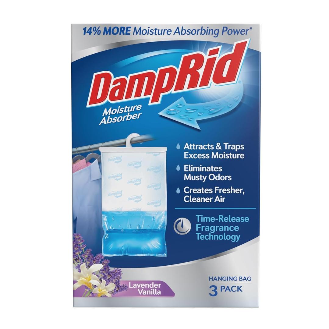 DampRid Lavender Vanilla Hanging Moisture Absorber, 16 oz., 3 Pack - Eliminates Musty Odors for Fresher, Cleaner Air, Ideal Moisture Absorbers for Closet, Blue, Small