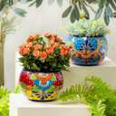 Evergreen 7 inch Talavera Mexican Pottery Ceramic Green Detailed Baul, Set of 2, Flower Pot Plant Succulent, Indoor Outdoor
