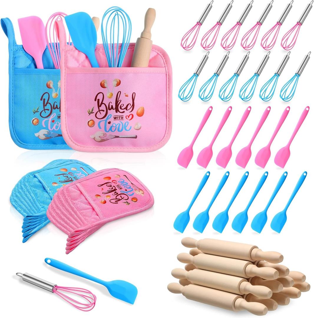 RoundFunny 48 Pcs Kids Mini Baking Supplies with Kitchen Utensil, Pot Holders, Spatula, Rolling Pin, Whisk for Kids Classroom School Exchange Party Favors (Medium)