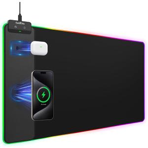 Wireless Charging Mouse Pad 15W, RGB Gaming Mouse Pad with Wireless Charger for iPhone/Airpods, 31.5"x15.7" XXL Large Desk Mat, 13 Light Modes, Magnetic Charging, Waterproof, Desk Pad for Gamer, Black