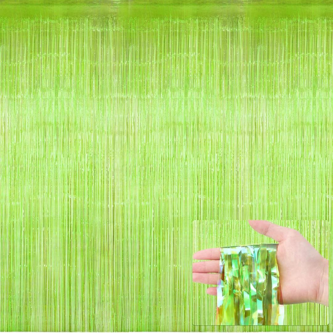 Neon Green Streamers Backdrop 3.28 x 8.2 ft Lime Green Foil Fringe Curtain Metallic Tinsel Door Streamers for Birthday Bachelorette Christmas, New Year, Disco Party, Neon Party Decorations