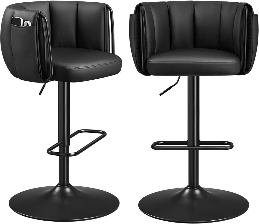 SONGMICS Home 360 Swivel Bar Stools Set of 2, Height Adjustable Barstools with Curved Back, Upholstered Counter Bar Stools with Footrest, Large Base, for Kitchen Island, Modern, Ink Black ULJB103B01