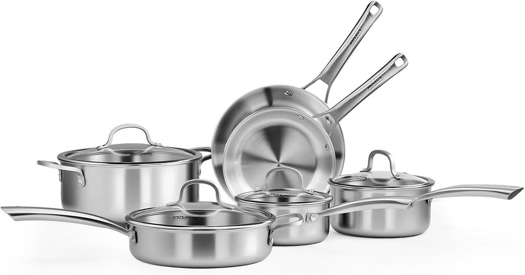ROVSUN 10-Pcs Stainless Steel Cookware Set, Tri-Ply Pots and Pans Set, Non-Toxic Kitchen Set, PFOA & PTFE Free, Full Clad Frying Pans, Saucepans, Saute Pan & Stock Pot, Compatible for All Cooktops, 10-Pieces Set