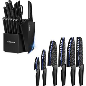 Astercook 6 Pieces Chef Kitchen Knife Set with Block and 12 Pcs Colorful Geometric Pattern Kitchen Knife Set, German High Carbon Stainless Steel Dishwasher Safe