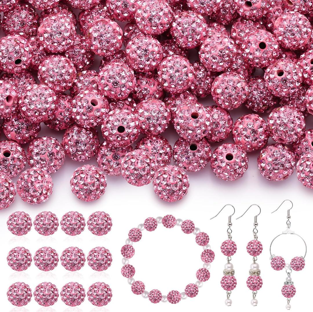 120pcs 10mm Rhinestone Beads for Jewelry Making, Dark Pink Shiny Round Shamballa Disco Ball Beads Bulk, Sparkle Crystal Clay Christmas for Bracelet Baseball Necklace Earring Crafting and DIY