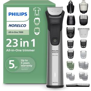 Norelco Philips All-in-One 7000 Series 23-Piece Trimmer - Electric Shaver and Clipper for Face, Beard, Head & Body, Self-Sharpening Titanium Blades, 26 Length Settings (0.5-16 mm), MG7970/49