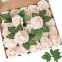 AmyHomie Artificial Flower Champagne Rose 25pcs Real Looking Fake Roses w/Stem for DIY Wedding Bouquets Centerpieces Arrangements Party Baby Shower Valentines Day Christmas Tree Decorations