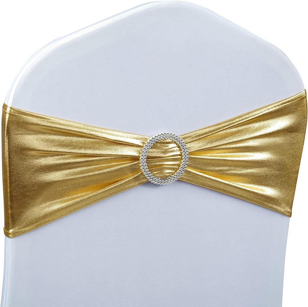 Babenest Spandex Chair Sashes Bows 30PCS Premium Stretch Chair Cover Band with Buckle Slider Universal Elastic Chair Ties for Wedding Party Ceremony Reception Banquet Decoration (Metallic Gold)