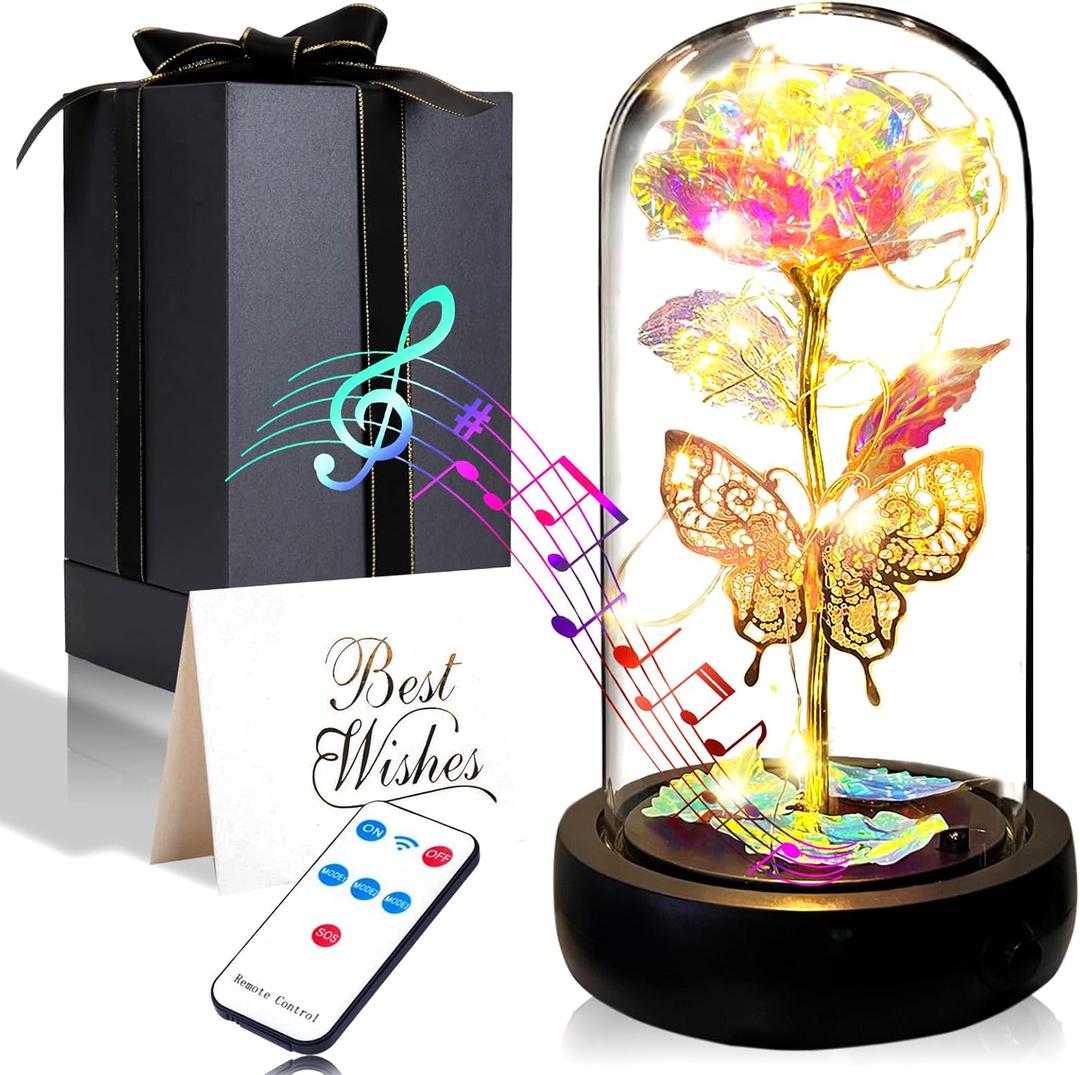 Birthday Rose Flower Gifts for Women, Mothers Day Glass Rose Gift for Mom from Daughter Son, Colorful White Rainbow Rose in Glass Dome with Music Box, Light Up Rose in Glass Dome for Her Wife Grandma