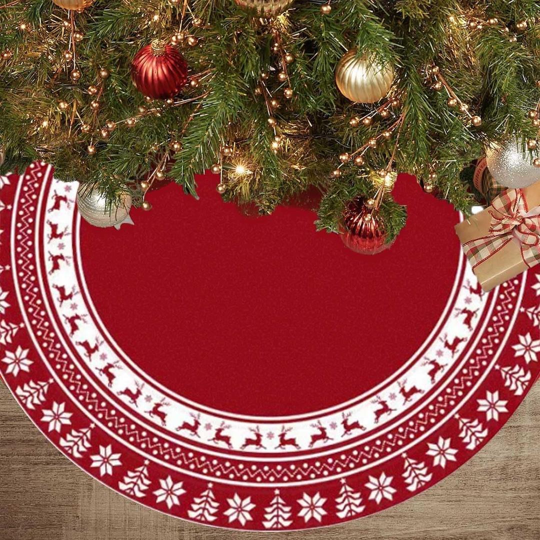 Christmas Tree Skirt 48 Inches | Red Xmas Tree Skirt with Rustic Snowflake & Reindeer Pattern, Fits 5 to 7 Foot Trees, Perfect Christmas Decorations for Holiday Trees