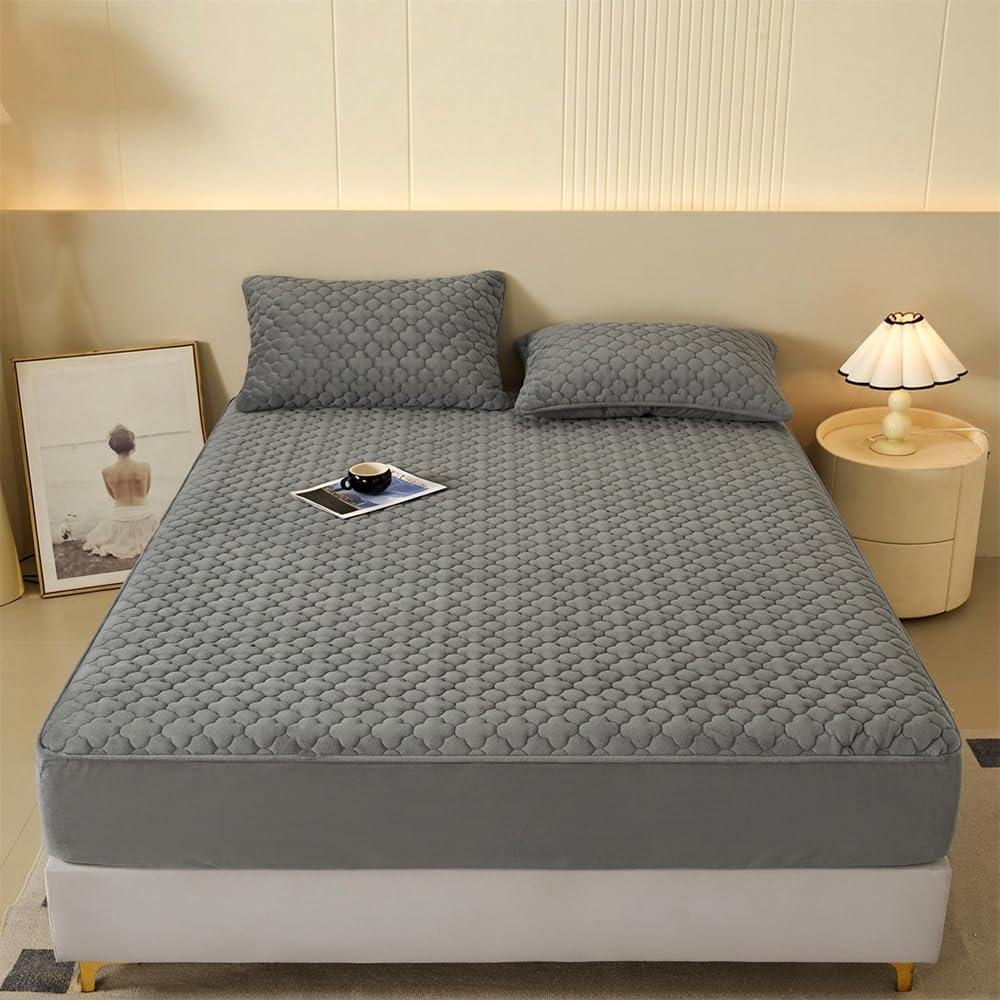 Pangzi Solid Flannel Plush Bedding Fitted Sheet, Velvety Soft Heavyweight Non-Slip Protective Cover for Bed Mattress (Full, Gray)