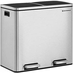 SONGMICS Trash Can, 2 x 6.3-Gallon (2 x 24L) Dual Garbage Can, Pedal Recycle Bin with Lids and Inner Buckets for Small Kitchens, Stainless Steel, Soft Closure, Airtight, Silver ULTB48NL