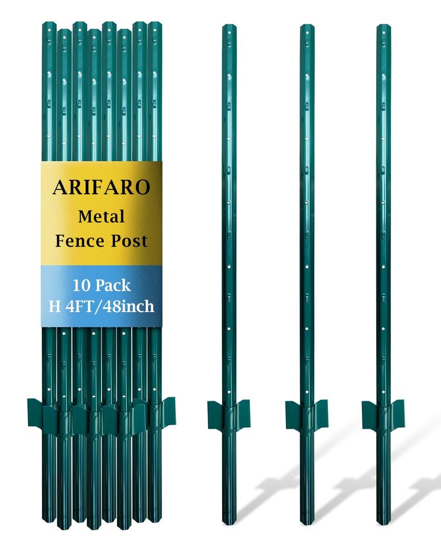 ARIFARO Fence Posts 4 Feet Sturdy Duty Metal Fence Post, Pack of 10, No Dig Garden U Post for Wire Fencing Steel Post for Yard, Outdoor Wire