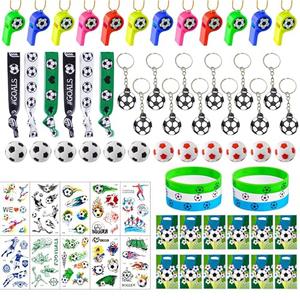 Soccer Party Favors Supplies Set With 80PCS Soccer Theme Birthday Party Decorations Gift Toy Stickers Eraser Silicone Wristbands Soccer Ball Keychains Whistle Prefect for Football Party Gifts Bags