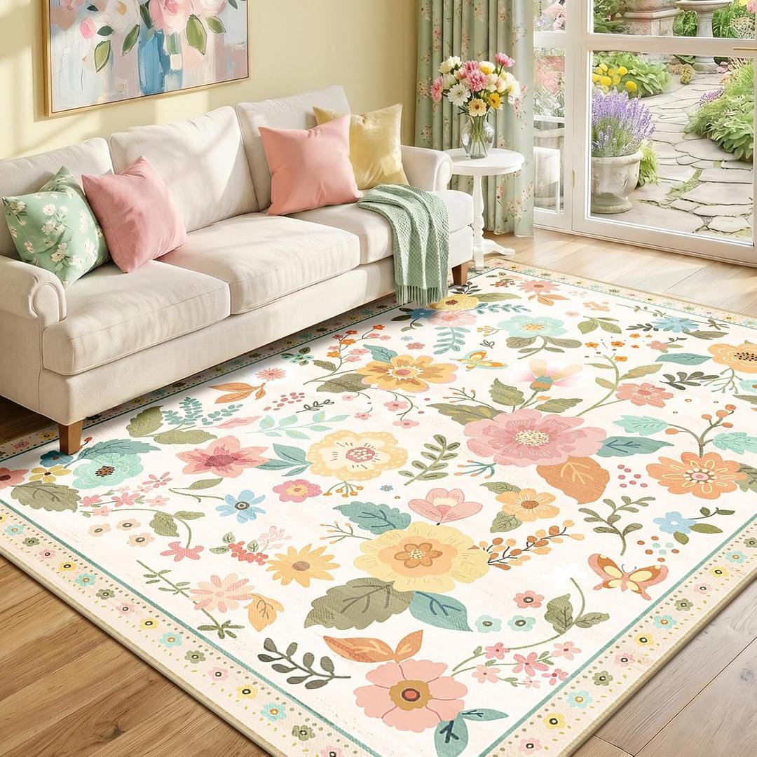 RELEANY Floral Nursery 6x9 Area Rugs Washable Print Boho Cute Carpet Non Slip Flower Low Pile for Living Room Kids Girls Playroom Bedroom Kitchen Office Farmhouse-Beige/White/Orange